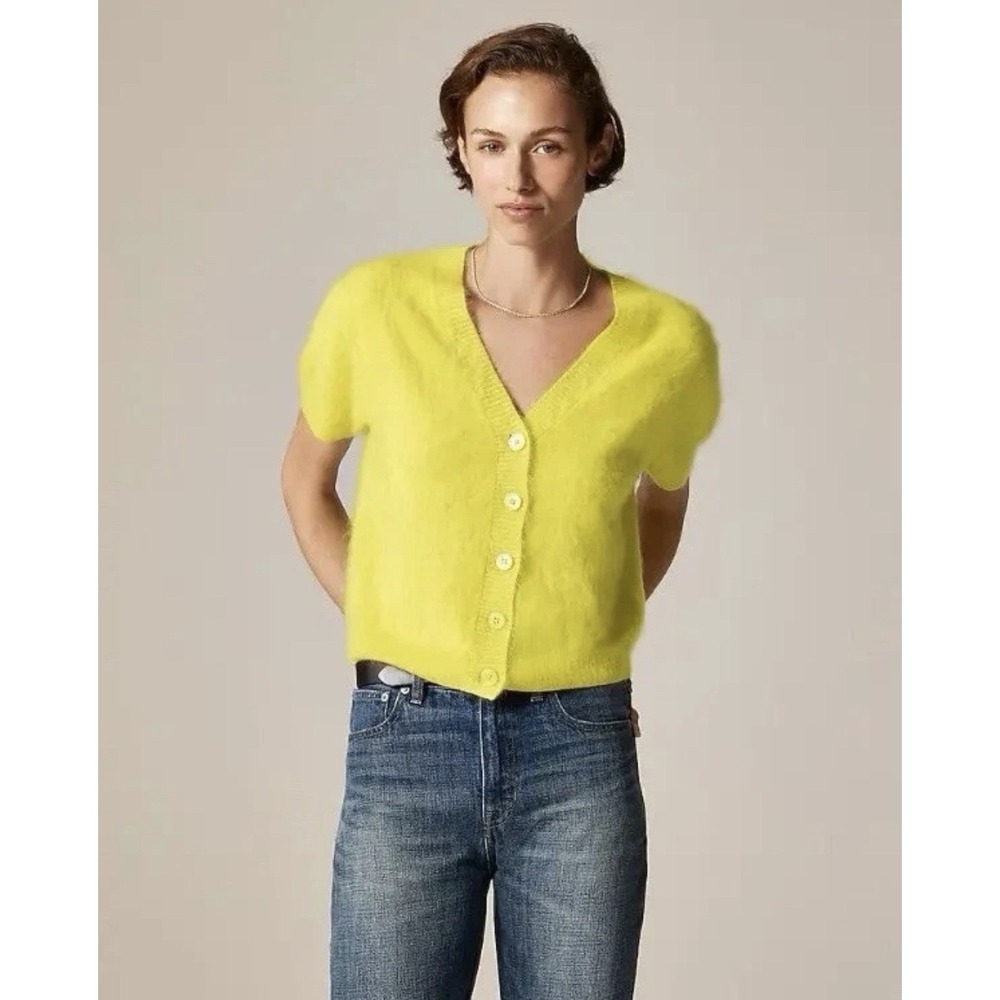 J.Crew Sz XL Brushed Cashmere Short Sleeve Cardigan Top Burnished Chartreuse